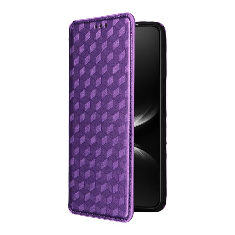Funda de cuero con tapa y textura de cuadrícula cúbica para Huawei Nova 14 Pro 5G (morada)