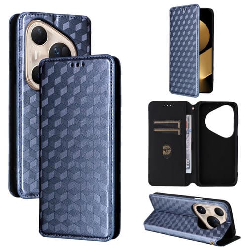 Funda de cuero con tapa y textura de cuadrícula cúbica para Huawei Pura 80 Ultra 5G (azul)