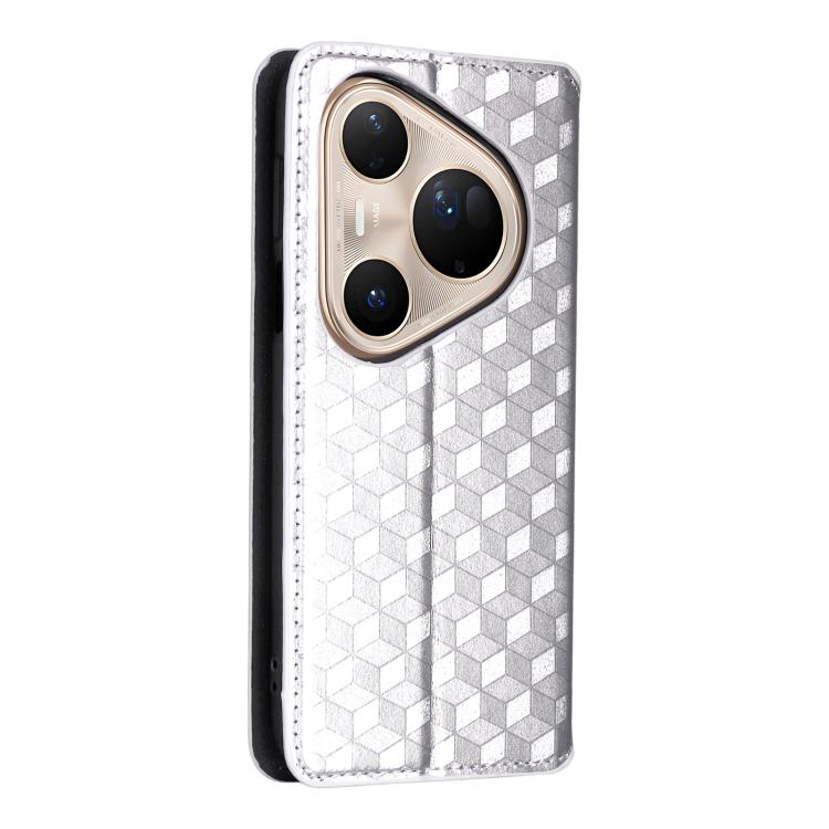 Funda de cuero con tapa y textura de cuadrícula cúbica para Huawei Pura 80 Ultra 5G (plateada)
