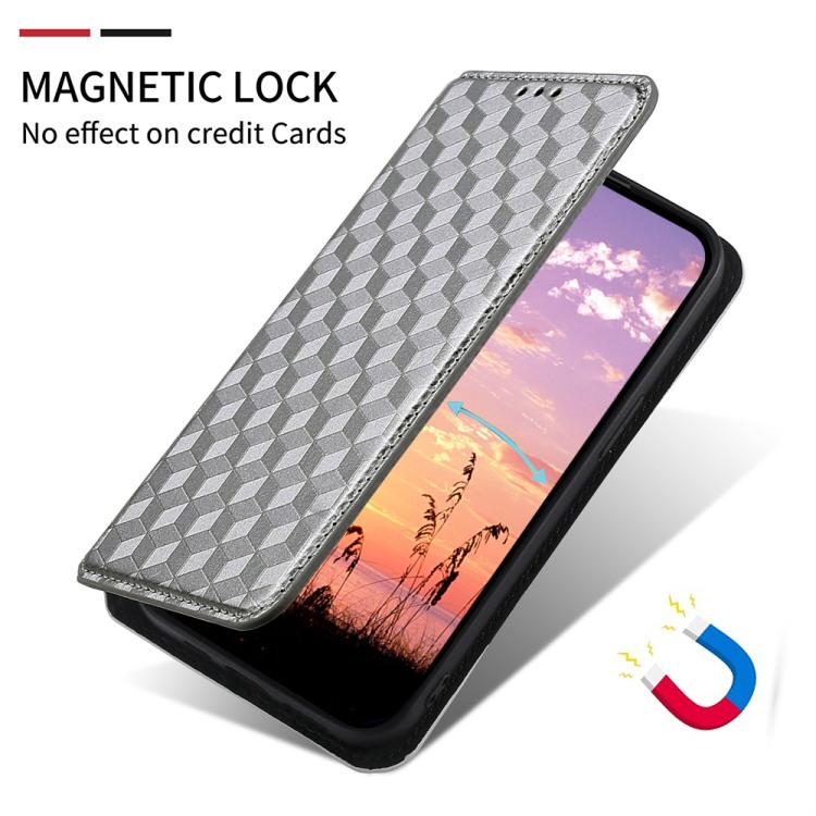 Funda de cuero con tapa y textura de cuadrícula cúbica para Huawei Pura 80 Ultra 5G (plateada)
