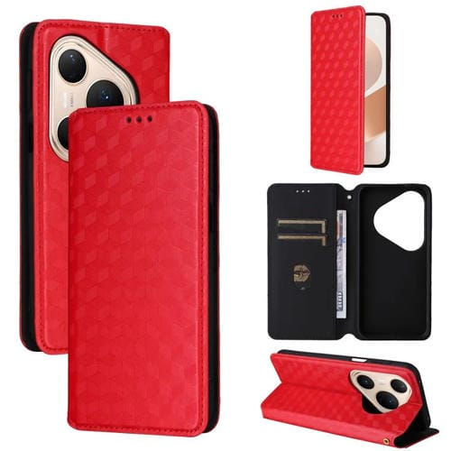 Funda de cuero con tapa y textura de cuadrícula cúbica para Huawei Pura 80 Pro 5G / 80 Pro+ 5G (roja)