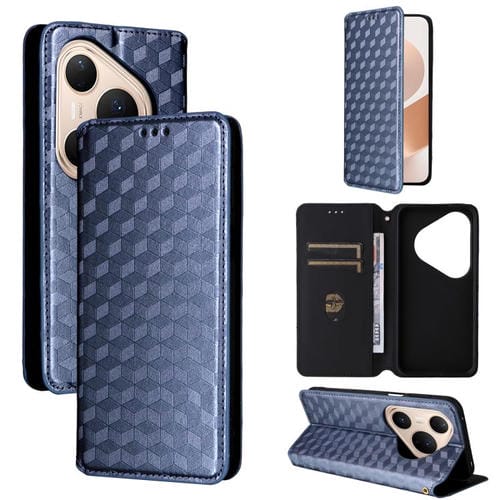 Funda de cuero con tapa y textura de cuadrícula cúbica para Huawei Pura 80 Pro 5G / 80 Pro+ 5G (azul)