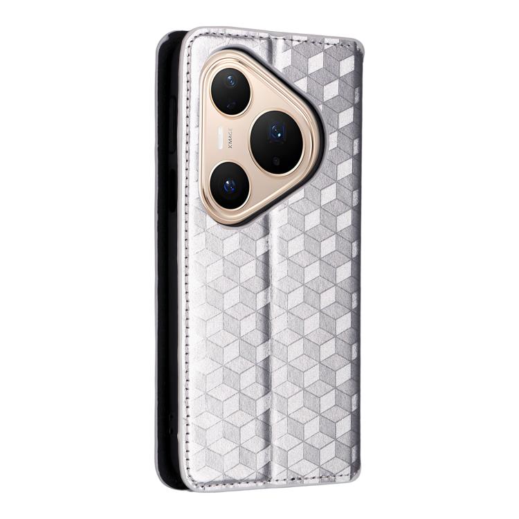 Funda de cuero con tapa y textura de cuadrícula cúbica para Huawei Pura 80 Pro 5G / 80 Pro+ 5G (plateada)