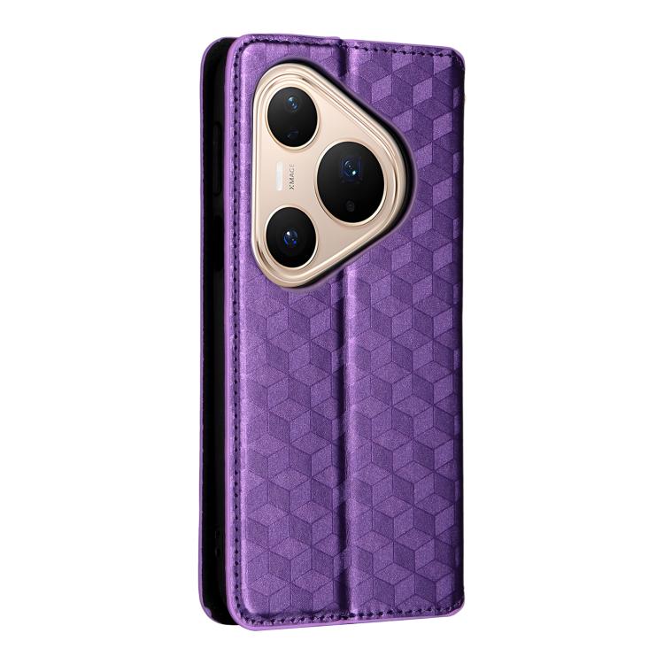 Funda de cuero con tapa y textura de cuadrícula cúbica para Huawei Pura 80 Pro 5G / 80 Pro+ 5G (morada)