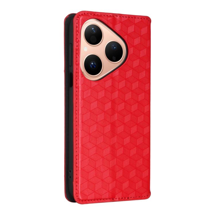Funda de cuero con tapa y textura de cuadrícula cúbica para Huawei Pura 80 5G (roja)