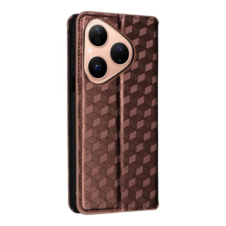 Funda de cuero con tapa y textura de cuadrícula cúbica para Huawei Pura 80 5G (marrón)