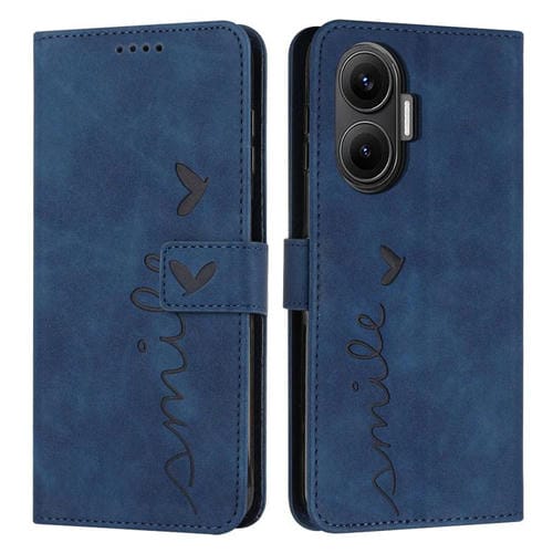 Funda de piel con relieve de corazón para Xiaomi Poco F7 con cordón largo (azul)