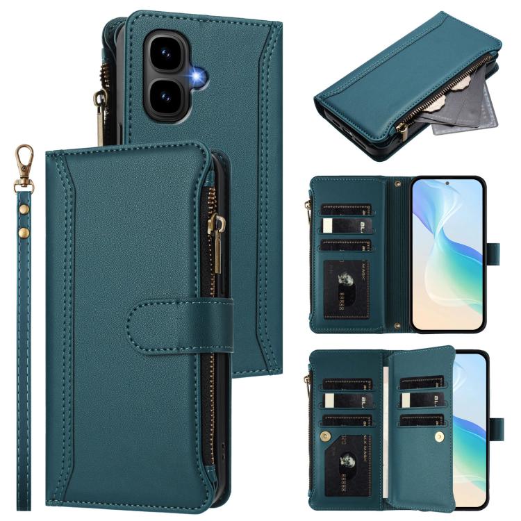 Funda de cuero con cierre magnético para Infinix Smart 10 4G / Tecno Pop 10, 9 ranuras para tarjetas, cremallera y correa de mano (verde oscuro)