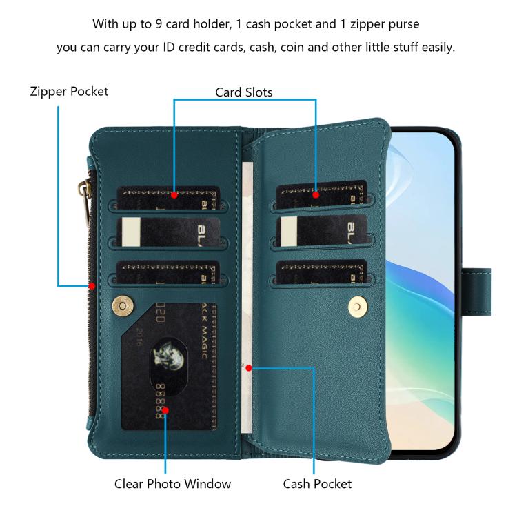 Funda de cuero con cierre magnético para Infinix Smart 10 4G / Tecno Pop 10, 9 ranuras para tarjetas, cremallera y correa de mano (verde oscuro)