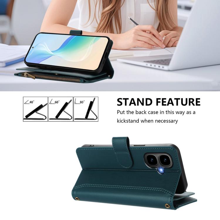 Funda de cuero con cierre magnético para Infinix Smart 10 4G / Tecno Pop 10, 9 ranuras para tarjetas, cremallera y correa de mano (verde oscuro)