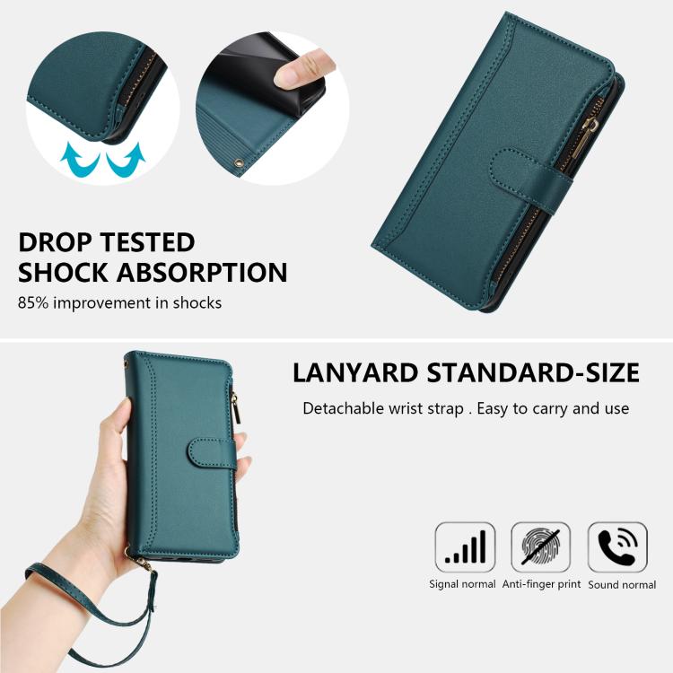 Funda de cuero con cierre magnético para Infinix Smart 10 4G / Tecno Pop 10, 9 ranuras para tarjetas, cremallera y correa de mano (verde oscuro)