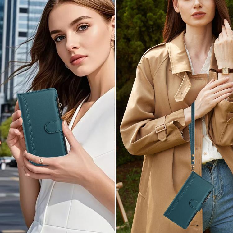 Funda de cuero con cierre magnético para Infinix Smart 10 4G / Tecno Pop 10, 9 ranuras para tarjetas, cremallera y correa de mano (verde oscuro)