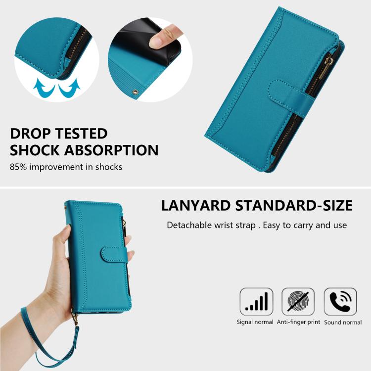 Funda de cuero con cierre magnético, 9 ranuras para tarjetas, cremallera y correa de mano para Infinix Smart 10 4G / Tecno Pop 10 (turquesa)
