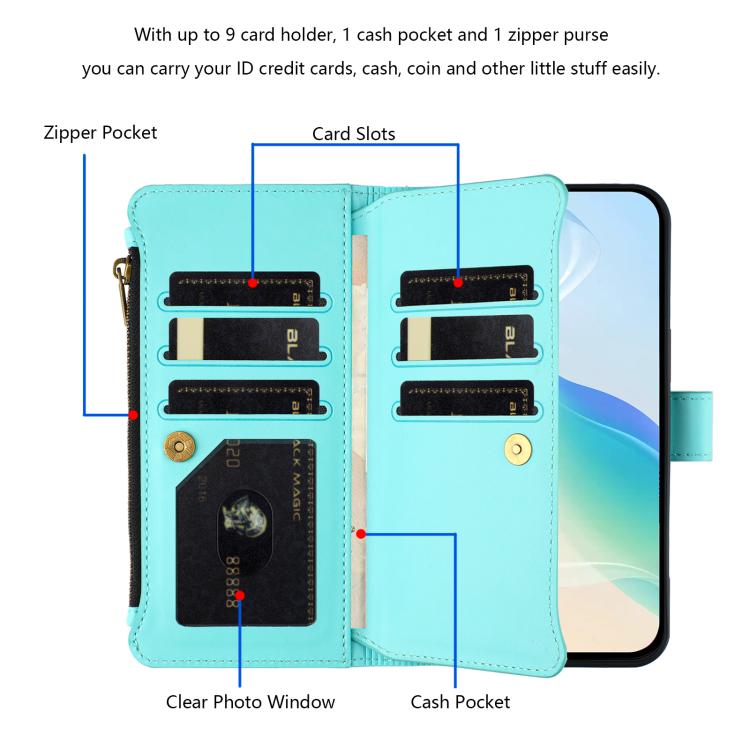 Funda de cuero con cierre magnético, 9 ranuras para tarjetas, cremallera y correa de mano para Infinix Smart 10 4G / Tecno Pop 10 (verde menta)