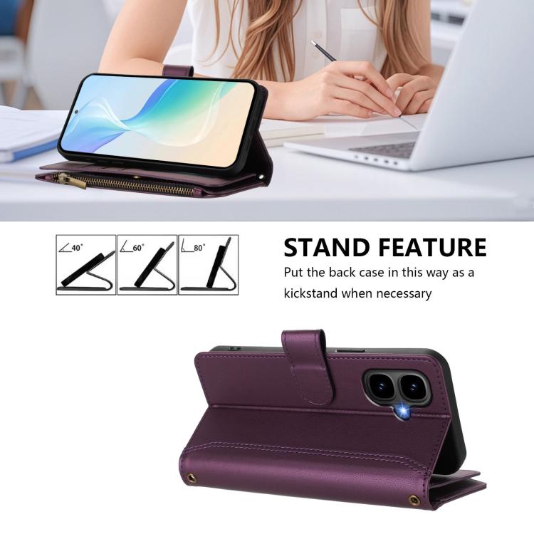 Funda de cuero con cierre magnético, 9 ranuras para tarjetas, cremallera y correa de mano para Infinix Smart 10 4G / Tecno Pop 10 (morado)