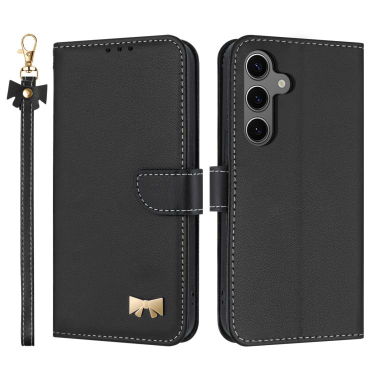 Funda de cuero con lazo metálico y correa de mano para Samsung Galaxy S25 FE 5G (negra)