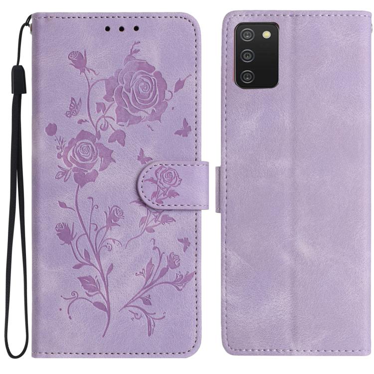 Funda de cuero con estampado floral en relieve para Samsung Galaxy A02S (164 mm, morado claro)
