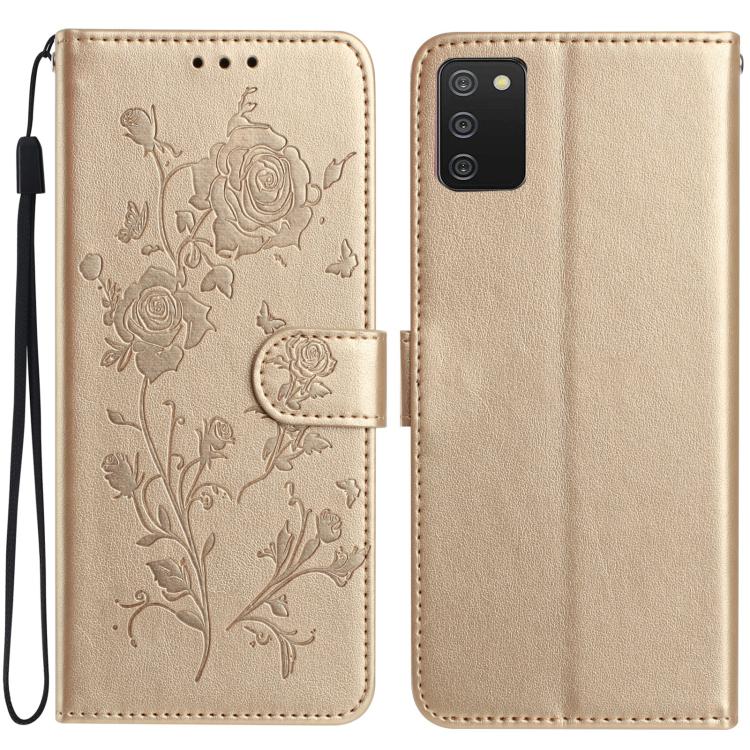 Funda de piel con estampado floral en relieve para Samsung Galaxy A02S (166 mm, UE) (dorada)