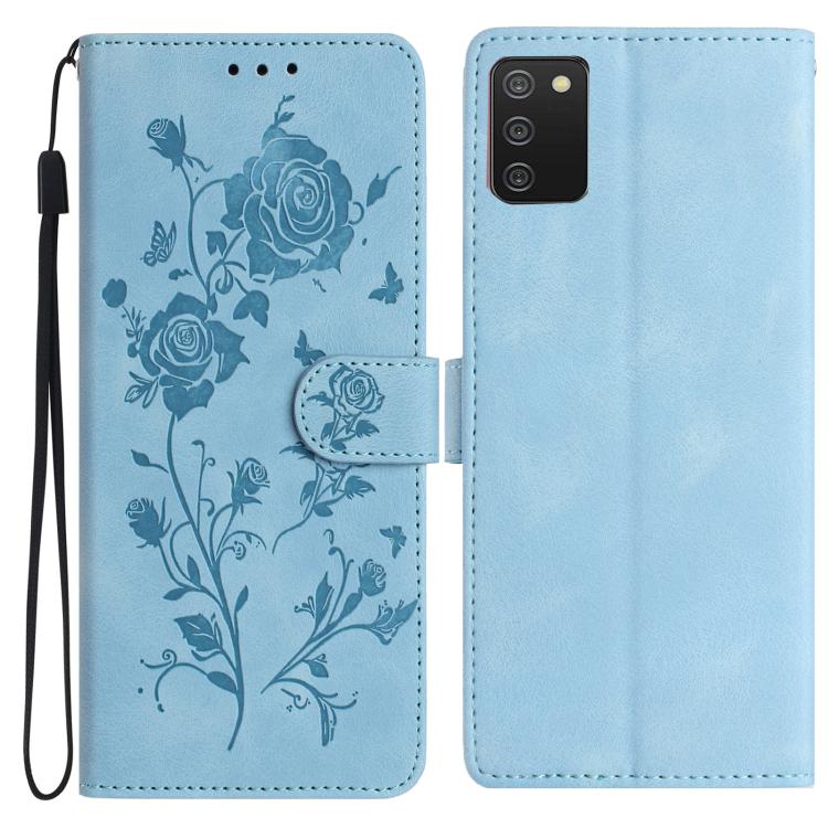 Funda de piel con estampado floral en relieve para Samsung Galaxy A02S (166 mm, UE) (azul cielo)