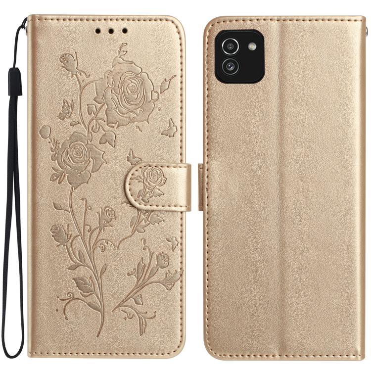 Funda de cuero con estampado floral en relieve para Samsung Galaxy A03 (dorada)