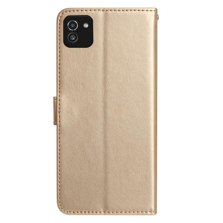Funda de cuero con estampado floral en relieve para Samsung Galaxy A03 (dorada)