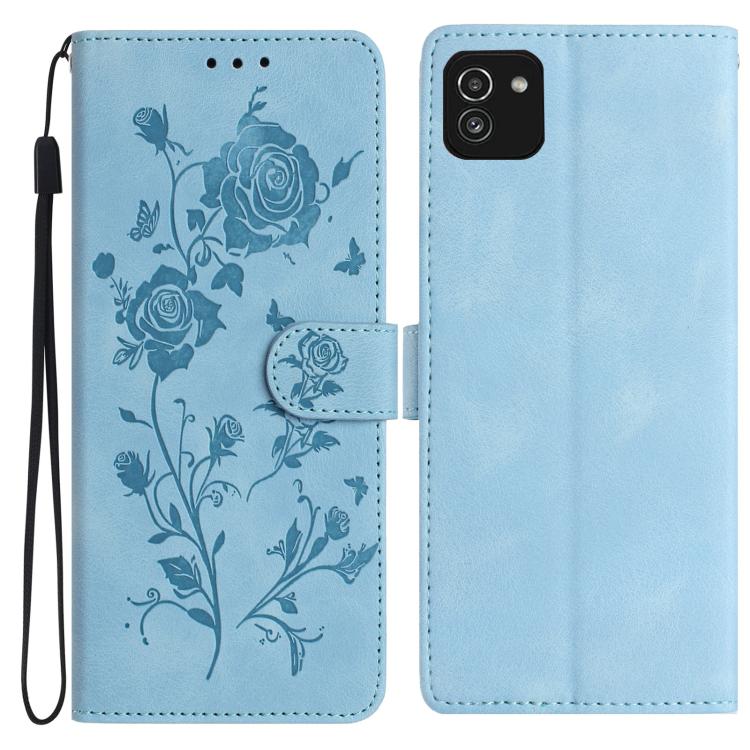 Funda de piel con estampado floral en relieve para Samsung Galaxy A03 (azul cielo)