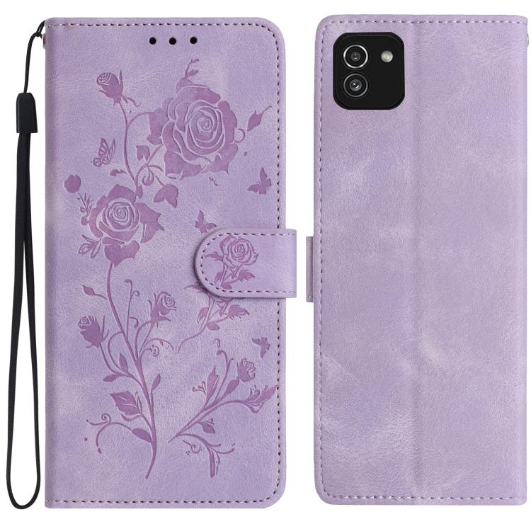 Funda de cuero con estampado floral en relieve para Samsung Galaxy A03 (morado claro)