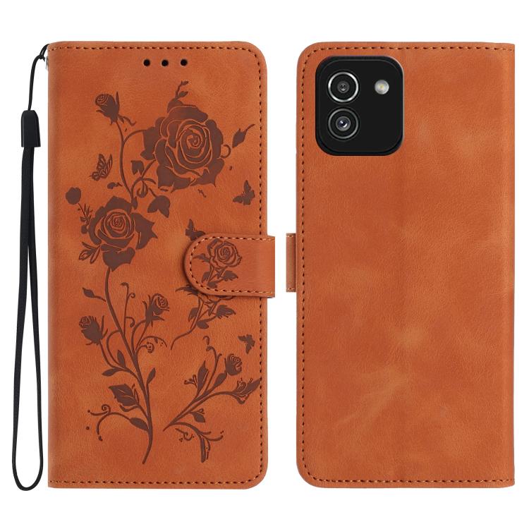 Funda de cuero con estampado de rosas en relieve para Samsung Galaxy A03 (marrón)