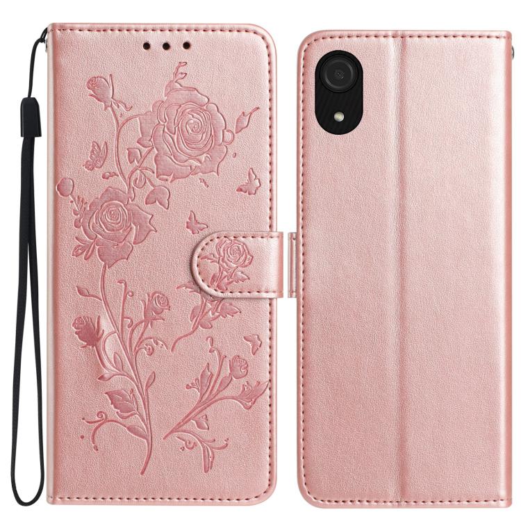 Funda de cuero con estampado floral en relieve para Samsung Galaxy A03 Core (oro rosa)