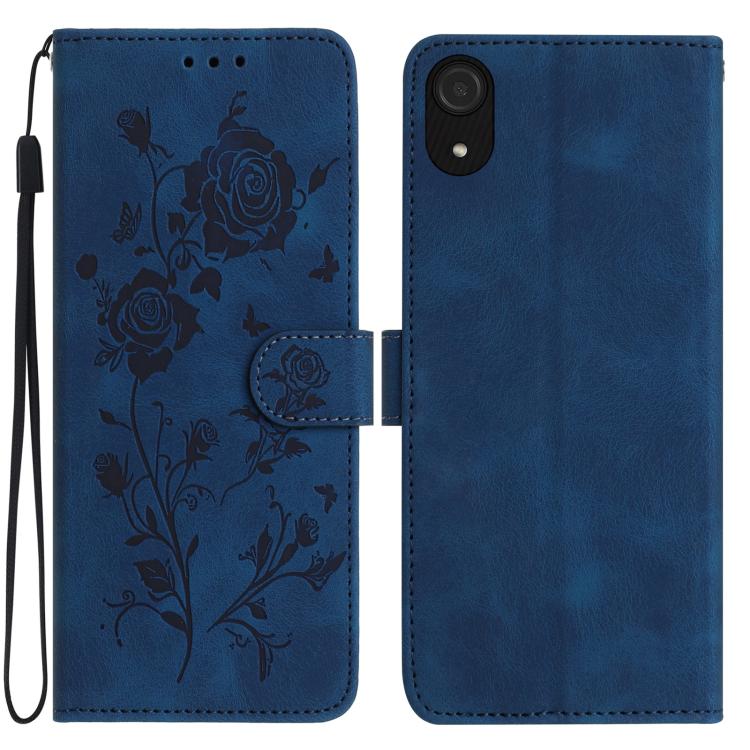 Funda de cuero con estampado floral en relieve para Samsung Galaxy A03 Core (azul oscuro)
