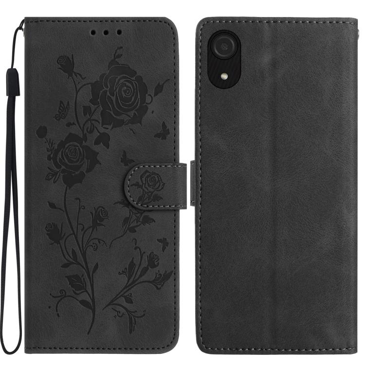 Funda de cuero con estampado floral en relieve para Samsung Galaxy A03 Core (negra)