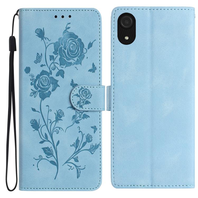 Funda de cuero con estampado floral en relieve para Samsung Galaxy A03 Core (azul cielo)