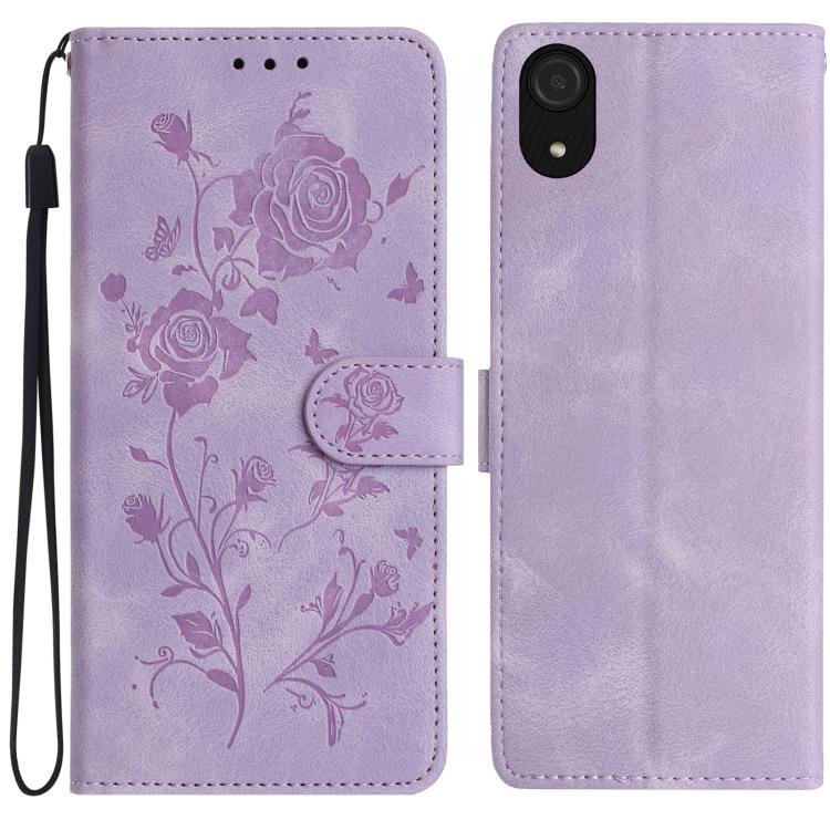 Funda de cuero con estampado floral en relieve para Samsung Galaxy A03 Core (morado claro)