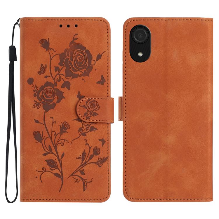 Funda de cuero con estampado floral en relieve para Samsung Galaxy A03 Core (marrón)