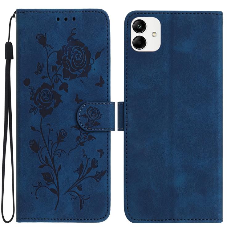 Funda de cuero con estampado floral en relieve para Samsung Galaxy A04 (azul oscuro)
