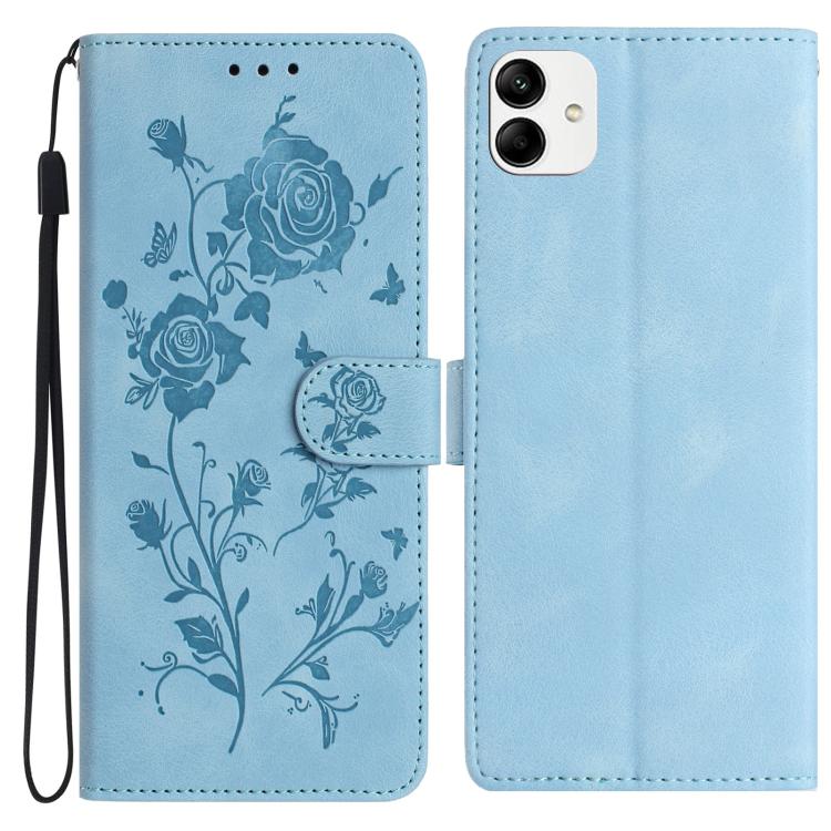 Funda de piel con estampado floral en relieve para Samsung Galaxy A04 (azul cielo)