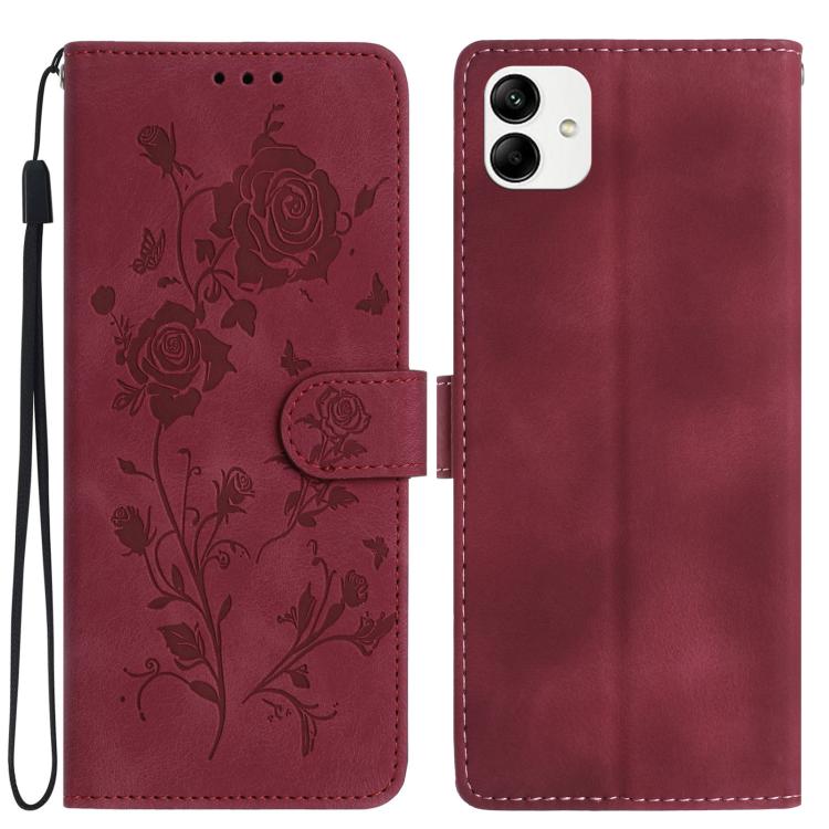 Funda de cuero con estampado floral en relieve para Samsung Galaxy A04 (roja)