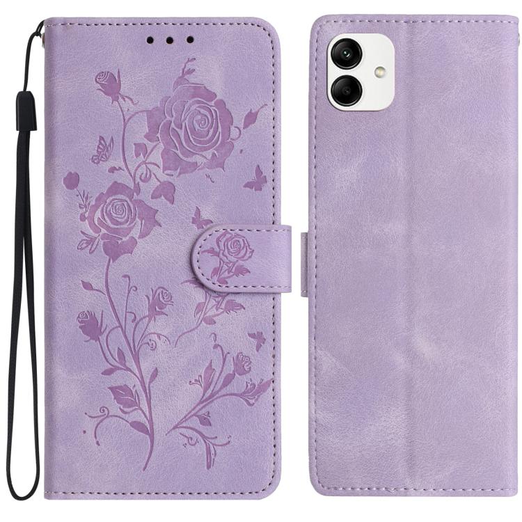 Funda de cuero con estampado de rosas en relieve para Samsung Galaxy A04 (morado claro)