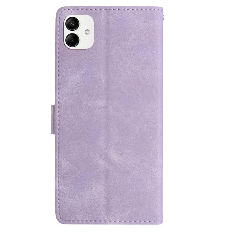 Funda de cuero con estampado de rosas en relieve para Samsung Galaxy A04 (morado claro)