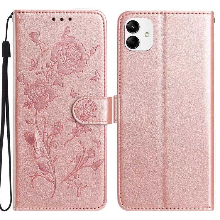 Funda de cuero con estampado floral en relieve para Samsung Galaxy A04e (oro rosa)