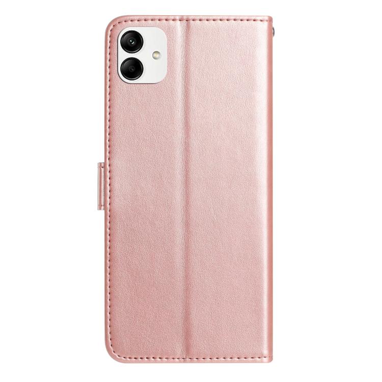 Funda de cuero con estampado floral en relieve para Samsung Galaxy A04e (oro rosa)
