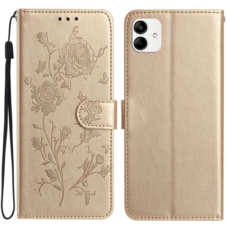 Funda de cuero con estampado de rosas en relieve para Samsung Galaxy A04e (dorada)