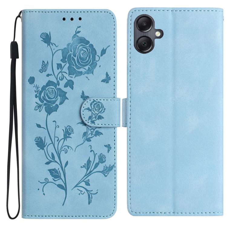 Funda de cuero con estampado floral en relieve para Samsung Galaxy A05 (azul cielo)