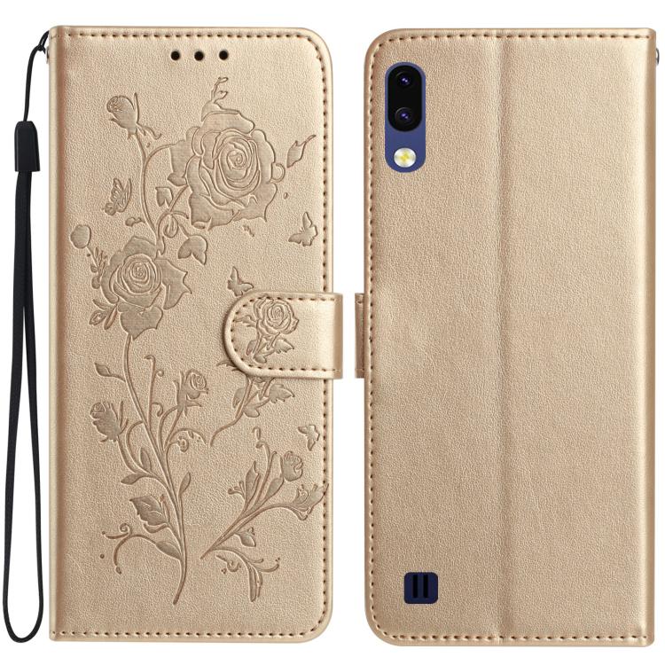 Funda de piel con estampado de rosas en relieve para Samsung Galaxy A10/M10 (dorada)