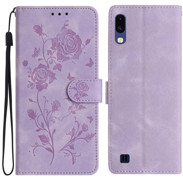 Funda de piel con estampado de rosas en relieve para Samsung Galaxy A10/M10 (morado claro)