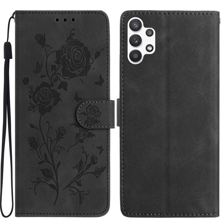 Funda de cuero con estampado floral en relieve para Samsung Galaxy A13 4G (negra)