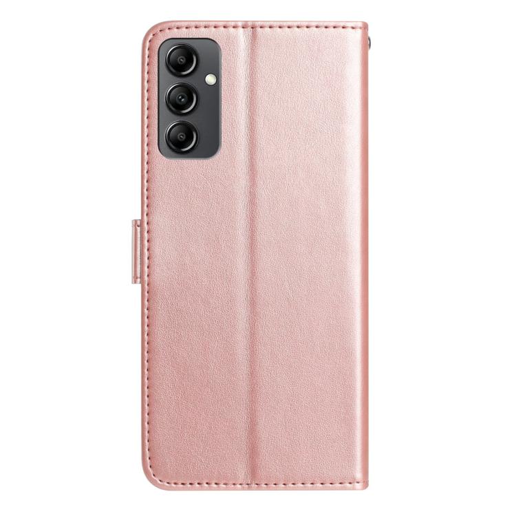 Funda de cuero con estampado floral en relieve para Samsung Galaxy A14 (oro rosa)