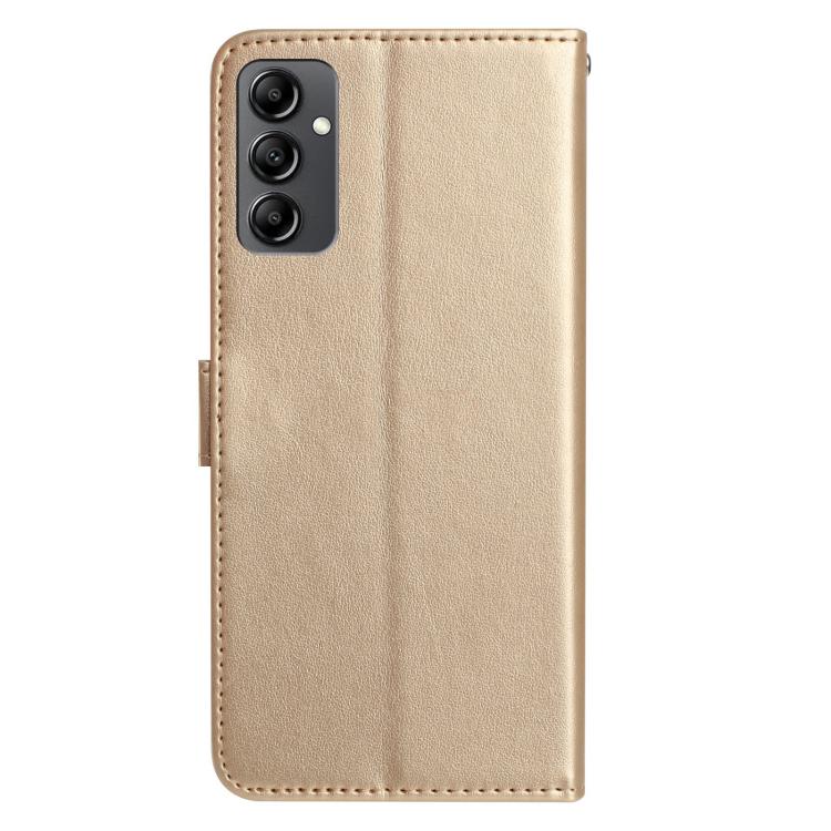 Funda de cuero con estampado de rosas en relieve para Samsung Galaxy A14 (dorada)