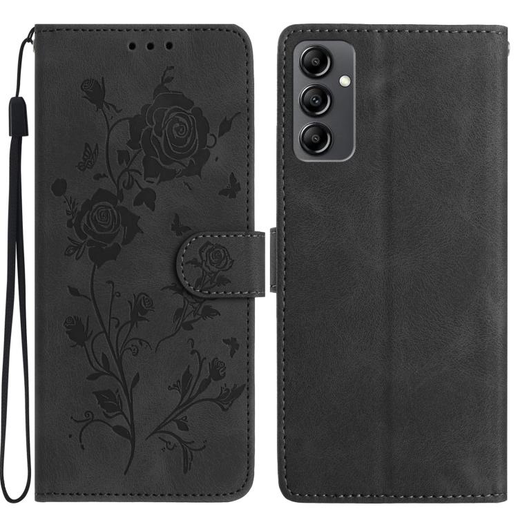 Funda de cuero con estampado floral en relieve para Samsung Galaxy A14 (negra)