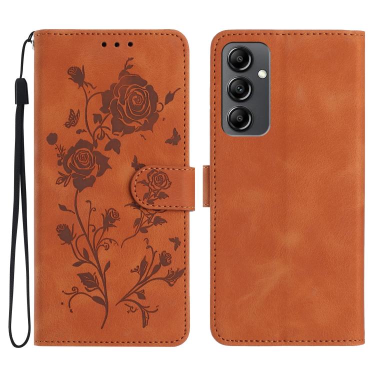 Funda de cuero con estampado de rosas en relieve para Samsung Galaxy A14 (marrón)